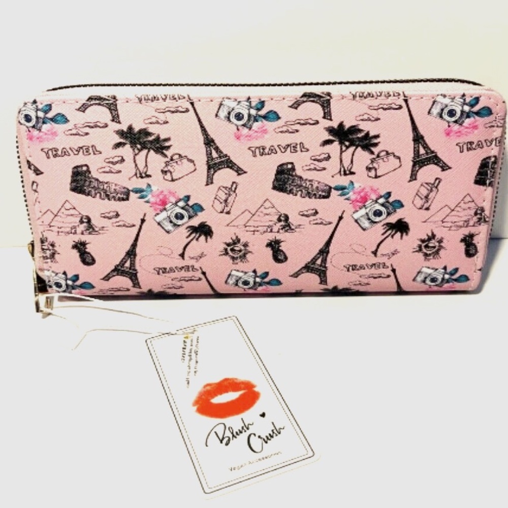 Women’s Full Zippered Blush Crush Paris Themed Wallet Vegan Leather - NWT